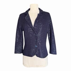 Vintage e By ECI Petite Navy Blue Sequin Crop Blazer PS Notch Collar Retro